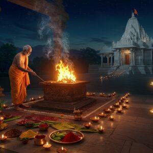 A serene night scene featuring an elderly Indian priest performing a sacred fire ritual (havan) in a traditional stone mandap, dressed in pristine white dhoti and angavastram. Golden flames rise from an ornate brass havan kund, casting dramatic shadows. Intricate smoke patterns form ethereal Vedic symbols in the air. In the background, a large marble temple with classical Indian architecture glows softly under moonlight. The foreground shows carefully arranged ritual items - copper kalash with mango leaves, red kumkum, yellow turmeric powder, fresh flowers, and banana leaves. Floating diyas create a path leading to the mandap. The scene is illuminated by multiple light sources - the sacred fire, oil lamps, and streaming moonlight creating an interplay of warm oranges and cool blues. Madhubani-style decorative patterns adorn the mandap pillars. The overall composition should have rich jewel tones of deep maroon, saffron, and gold, with hints of peacock blue in the night sky. Rendered in a style merging traditional Indian art with modern digital aesthetics, emphasizing photorealistic textures while maintaining artistic elements.