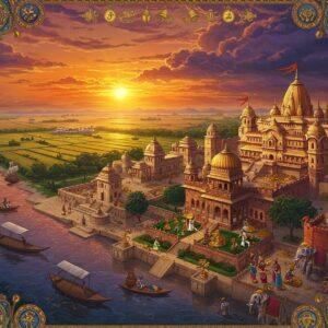 A majestic aerial view of ancient Anga kingdom along the Ganga river, rendered in rich Madhubani-inspired art style with modern digital polish. In the foreground, a grand palace complex with intricate golden spires and red sandstone architecture, surrounded by lush gardens. The scene features ancient Indian traders in elaborate costumes conducting business with precious metals and gems. Traditional boats with ornate designs dot the riverbank. The background shows fertile fields in deep emerald green, with farmers tending to rice paddies. The sky features a dramatic sunset in deep saffron and purple hues, with stylized clouds in traditional Pattachitra patterns. Sacred elephants adorned with royal decorations stand near the palace gates. Intricate mandala patterns frame the scene, incorporating symbols of prosperity like copper coins, agricultural motifs, and river elements. The lighting is warm and golden, creating a mystical atmosphere. The art style combines hyperrealistic architectural details with traditional Indian art elements, featuring a rich color palette of deep maroon, royal blue, gold, and emerald green.