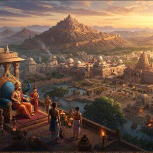 A majestic aerial view of ancient Magadha kingdom at sunset, featuring the iconic Rajgir fort walls snaking across mountains in golden light. In the foreground, a detailed scene shows King Bimbisara in royal attire (gold-trimmed deep blue dhoti, elaborate crown) seated on an ornate throne, surrounded by scholars and ministers in traditional ancient Indian clothing. The palace architecture combines intricate Mauryan pillars and Buddhist influences, with peacocks adorning the courtyard. The background reveals a bustling city with period-accurate structures, trade caravans, and the famous Nalanda university complex. Multiple layers of symbolic elements include lotus-shaped water bodies, iron smithies representing advanced metallurgy, and farming fields showing agricultural prosperity. The scene is rendered in rich jewel tones (deep blues, royal purples, burnished golds) with intricate Madhubani-style patterns in the borders. Atmospheric elements include soft glowing torches, floating lotus petals, and subtle smoke from the iron forges. The lighting creates a dramatic interplay of light and shadow, emphasizing the grandeur of the kingdom. Highly detailed, cinematic composition, photorealistic rendering with fantasy elements, volumetric lighting.