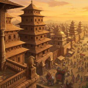 A majestic aerial view of ancient Pataliputra during sunset, featuring grand wooden palatial architecture with multiple-tiered roofs adorned with traditional Mauryan motifs and golden spires. The foreground shows Chandragupta Maurya, dressed in royal golden dhoti and jeweled crown, standing on an ornate balcony overlooking the vast city. The cityscape reveals intricate wooden fortification walls, busy trade routes with merchants, and the gleaming Ganga river in Madhubani art style. Multiple carved wooden pillars with lion capitals dot the landscape. The scene includes elements like war elephants with ornate armor, soldiers with spears and shields, and bustling marketplaces with detailed period-accurate clothing and architecture. The sky features a warm golden-orange gradient with hints of peacock blue. The entire scene is rendered in a fusion of traditional Indian Pattachitra art style with modern digital painting techniques, incorporating detailed patterns, rich jewel tones, and intricate architectural details while maintaining historical accuracy of the Mauryan period.