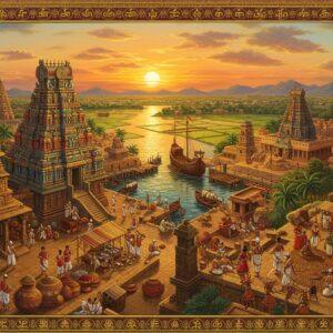 A majestic aerial view of ancient Tamilakam port city during golden sunset, with traditional Tamil architecture featuring stepped pyramidal vimanas and ornate gopurams adorned with intricate Dravidian sculptures. In the foreground, Tamil merchants in traditional attire (veshti and angavastram) trade precious gems and spices with foreign traders from Rome and Greece. Massive wooden ships with distinctive Tamil design elements dock at the bustling harbor. The scene includes authentic elements like potters crafting classical black and red pottery, weavers working on fine silk textiles, and dancers performing ancient Bharatanatyam in temple courtyards. The landscape shows lush paddy fields, palm groves, and distant mountains. Rich colors of deep gold, royal blue, and earthy terracotta dominate. The art style combines traditional Tanjore painting techniques with modern digital art, featuring metallic gold accents and intricate patterns. Soft ethereal lighting creates a mystical atmosphere while maintaining historical accuracy in architectural and cultural details. The scene is framed by traditional Tamil motifs like the Sangam-era symbols and temple architectural elements.