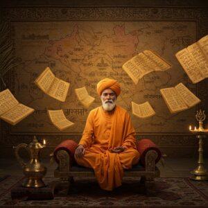 A serene Indian scholar in traditional dhoti and angavastram sits cross-legged on an ornate brass throne, illuminated by warm golden light. Ancient palm leaf manuscripts float around him in a spiral pattern, with intricate Brahmi script etched in gold. Behind him, a massive carved stone wall features the map of ancient Anga kingdom, with Champa (modern-day Bhagalpur) prominently depicted. The scene is adorned with traditional Madhubani-style border patterns in deep indigo and maroon. Floating oil lamps cast a mystical glow, creating dancing shadows. The scholar's hands are positioned in chin-mudra, symbolizing wisdom. In the foreground, a beautifully detailed copper artifact from Anga period rests on a silk cushion. The artwork combines hyperrealistic textures with ethereal lighting, featuring a color palette of deep copper, royal blue, and burnished gold. Ancient symbols and motifs from the Anga period float as translucent overlays, while peacock feathers and lotus flowers frame the corners. The atmosphere suggests timeless wisdom and scholarly pursuit.