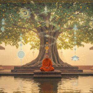 A serene Buddhist monastery courtyard at dawn, with a young Indian monk in saffron robes seated in lotus position on an intricately carved stone platform. Behind him rises a massive sacred Bodhi tree with golden leaves, its branches forming natural numerical patterns (1,2,3,4...) representing the Anguttara's numerical structure. Floating ethereal mandalas in soft blues and golds spiral around the tree. The scene is illuminated by warm morning light creating a mystical atmosphere. Multiple translucent layers of Buddhist wisdom symbols float in the air - the Dharma wheel, endless knot, and lotus flowers in varying sizes. The ground features a reflecting pool showing rippling sacred geometrical patterns. Traditional Madhubani-style border patterns frame the scene, incorporating Buddhist motifs. Art style should blend photorealistic rendering with spiritual surrealism, featuring a soft pastel color palette of saffron, gold, pale blue, and rose pink. Volumetric god rays filter through the Bodhi tree creating an ethereal atmosphere. The monk's expression conveys deep peace and wisdom.