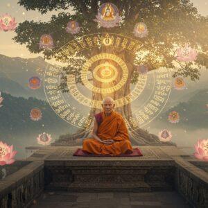 A serene Indian Buddhist monastery nestled in misty Himalayan peaks at dawn, with a wise elderly Buddhist monk in saffron robes seated in padmasana on an intricately carved stone platform. Before him floats a glowing, ethereal spiral of golden numerals (1 through 11) arranged in ascending order, representing the numerical structure of Anguttara Nikaya. The monk is surrounded by a mandala-like arrangement of floating lotus flowers in soft pink and white, each containing different Buddhist symbols. Behind him, a large ancient bodhi tree with golden leaves casts dappled light patterns. Multiple translucent layers of sacred Buddhist texts float in the air like celestial scrolls, rendered in a combination of Pali script and cosmic energy. The scene is illuminated by soft, otherworldly light in shades of gold, amber, and pale blue. The art style combines traditional Tibetan thangka painting techniques with modern digital art, featuring intricate details and a dreamy, spiritual atmosphere. Photorealistic rendering with magical realism elements, high-end digital art quality.
