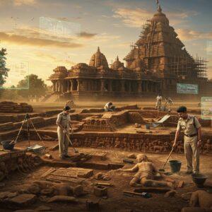 A grand, cinematic scene showing an ancient Indian archaeological site at golden hour, featuring meticulous excavation work in progress. In the foreground, two Indian archaeologists (male and female) in khaki uniforms carefully brush away soil from intricate artifacts. The site showcases multiple layers of civilization - exposed structural remains of a temple complex with detailed Dravidian architecture, weathered Sanskrit inscriptions, and partially unearthed terracotta figurines. Surrounding them are modern archaeological tools and equipment seamlessly blending with traditional methods. The background reveals the majestic Konark Sun Temple partially restored, with scaffolding showing ongoing conservation work. Floating ethereal elements include translucent architectural blueprints and site maps. The scene is rendered in a fusion of traditional Madhubani art style with modern digital aesthetics, using rich colors like deep gold, terracotta red, and stone grey. Mystical glowing patterns highlight key artifacts. Soft dust particles catch the evening light, creating a magical atmosphere. The composition should convey both scientific precision and the romance of historical discovery. Photorealistic details in the artifacts and architecture, stylized ethereal elements in the atmosphere.