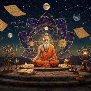 A serene Indian sage with traditional dhoti and angavastram, seated in padmasana on an ancient observatory platform under a star-filled night sky. He's surrounded by floating, glowing mathematical equations and astronomical symbols in Sanskrit. The central figure is illuminated by moonlight, with a bronze armillary sphere rotating around him. In the background, intricate Madhubani-style celestial patterns showcase the sun, moon, and planetary orbits in gold and deep indigo. Ancient palm leaf manuscripts with mathematical calculations float ethereally. The scene features detailed astronomical instruments of the Gupta period. A large lotus mandala forms behind him, its petals containing cosmic diagrams. The art style combines hyperrealistic digital rendering with traditional Indian art elements, using a color palette of deep midnight blue, burnished gold, copper, and subtle amber glows. Sacred geometry patterns weave throughout the composition, while constellations twinkle in realistic detail above. The atmosphere is mystical and scholarly, with subtle light rays creating a divine ambiance.