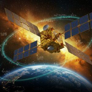 A majestic golden satellite with intricate Madhubani patterns etched on its solar panels, floating in deep space against a backdrop of swirling cosmic nebulas in deep indigo and saffron hues. The satellite's design incorporates traditional Indian motifs like peacock feathers and lotus patterns in metallic copper and bronze tones. Surrounding the satellite are glowing mathematical equations and astronomical symbols inspired by ancient Indian mathematics, rendered in Sanskrit-style calligraphy with a ethereal golden glow. The Earth is visible below, bathed in a soft blue light with India clearly visible and illuminated by dawn's first light. Streaks of cosmic energy in turquoise and gold spiral around the satellite, suggesting motion and progress. The scene is rendered in a fusion of hyperrealistic space photography and traditional Indian art style, with detailed metallic textures and dramatic lighting that emphasizes the scientific achievement while maintaining cultural aesthetics. A subtle mandala pattern forms in the stars behind the satellite, suggesting the marriage of ancient wisdom with modern technology. The overall composition should convey both scientific advancement and cultural pride.