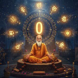 A mystical scene depicting an ancient Indian sage Aryabhata in rich golden dhoti and angavastram, seated in padmasana on an ornate marble platform. He's surrounded by floating, glowing Sanskrit numerals with a large, luminescent golden zero at the center. The background features a grand ancient Indian observatory with celestial instruments and astronomical charts rendered in Madhubani art style. Intricate mathematical patterns and geometric mandalas in deep indigo and copper spiral around him. Sacred threads and floating lotus petals weave through the scene. The lighting is ethereal with soft golden rays filtering through astronomical structures. Multiple circular patterns in various sizes represent the concept of zero, creating depth. The color palette includes deep midnight blues, burnished gold, copper, and hints of celestial purple. The scene seamlessly blends traditional Indian architectural elements with cosmic imagery, incorporating constellations and planetary positions. Aryabhata's expression is serene and contemplative, with a subtle divine glow around him. Style should be photorealistic digital art with magical realism elements.
