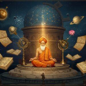 A distinguished Indian mathematician in traditional ancient Indian attire (dhoti and angavastram) sits cross-legged on an ornate marble platform, illuminated by golden celestial light. He's surrounded by floating, intricately detailed geometric patterns and astronomical diagrams in metallic gold and deep blue. The background features a massive celestial sphere showing constellations and planetary orbits in the style of traditional Indian astronomy. Ancient mathematical manuscripts with Sanskrit numerals hover around him, their pages gently flowing. A large observatory structure inspired by ancient Indian architecture rises behind him. The scene is decorated with precise mathematical symbols and astronomical instruments of the era. The color palette combines deep midnight blues, burnished golds, and rich earthy browns. The art style merges traditional Madhubani patterns in the borders with modern digital art techniques, creating a surreal, ethereal atmosphere. Floating lotus flowers and mandalas frame the composition, while subtle sacred geometry patterns fill the negative space. The lighting creates a mystical glow, emphasizing the spiritual connection between mathematics and ancient Indian wisdom.