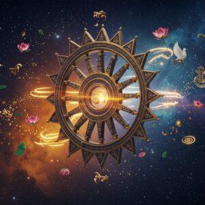 A majestic, photorealistic 3D rendering of the Ashoka Chakra floating in a mystical space, its 24 spokes gleaming in brilliant navy blue and gold against a cosmic background. The wheel rotates slowly, emanating divine light rays. Each spoke transforms into flowing streams of sacred symbols - dharma, duty, progress, and motion. The background features ethereal Madhubani-style patterns with intricate mandalas and lotus motifs in deep indigo and saffron hues. Surrounding the chakra are subtle visual representations of peace and righteousness - white doves, olive branches, and floating lotus flowers rendered in a modern minimalist style. The scene is illuminated by soft, otherworldly light creating a serene atmosphere. Ancient Sanskrit symbols float gracefully around the wheel, while subtle golden particles dance in spiraling patterns. The overall composition blends traditional Indian artistry with contemporary digital art techniques, creating a harmonious balance between ancient wisdom and modern aesthetics. Hyperrealistic rendering, cinematic lighting, photorealistic textures, 8K quality.