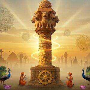 A majestic Ashoka pillar emerging from a misty golden sunrise, its polished sandstone surface gleaming with intricate Madhubani-style patterns. The iconic four lions capital sits atop, rendered in photorealistic detail with their proud faces facing the cardinal directions. The base features the Dharma Chakra in metallic gold, spinning ethereally with trailing light. Surrounding the pillar are floating mandalas and lotus flowers in soft pastel blues and pinks, creating a spiritual atmosphere. The foreground shows ancient Indian scholars in traditional dhoti and uttariya studying scrolls, while peacocks with elaborate feathers dance around the pillar's base. Walking elephants decorated with traditional Indian patterns are carved in relief on the pillar's shaft. The background reveals silhouettes of other Ashoka pillars fading into a dreamy landscape with Mauryan architecture. Ethereal light beams pierce through morning mist, creating a divine ambiance. The art style combines hyperrealistic architectural details with stylized Indian motifs and spiritual symbolism, rendered in a rich color palette of deep saffron, royal blue, and burnished gold.