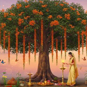 A majestic Ashoka tree in full bloom with vibrant orange-red flowers cascading down its branches, centered in the composition. The tree trunk features intricate Madhubani-style patterns in gold and deep maroon. A serene Indian woman in a cream silk saree with gold border performs a traditional puja beneath the tree, with a brass lamp and flowers arranged on a decorative bronze plate. Symbolic elements float ethereally around the scene: ancient Ashoka pillars with lion capitals, healing herbs, and delicate butterflies in peacock blue and gold. The background features a dreamy gradient from dawn pink to soft purple, with subtle mandala patterns. Dappled golden light filters through the canopy, creating a mystical atmosphere. The scene is rendered in a fusion of traditional Indian miniature painting style and modern digital art, with high attention to botanical accuracy of the Ashoka tree's distinctive features - dark green elongated leaves and dome-shaped crown. Soft glowing orbs of light float around the scene, suggesting the tree's divine significance. The overall composition emphasizes both the tree's grandeur and its sacred status in Indian culture.