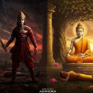 A majestic split-screen composition showing Emperor Ashoka in two distinct forms - one half depicts him as a fierce warrior king in blood-stained armor on a battlefield with his sword raised, while the other half shows him as a peaceful Buddhist ruler in simple robes sitting under a bodhi tree. The warrior side features deep maroons and blacks with scattered weapons and fallen soldiers in Kalinga war style, while the peaceful side shows warm golds and whites with the Ashoka pillar, dharma wheel, and lotus flowers. Both versions wear the Mauryan crown and have distinct Indian features. The background transitions from dark storm clouds to serene sunrise. The art style combines traditional Ajanta cave painting elements with modern digital art techniques, featuring intricate Mauryan-era patterns and motifs. Dramatic lighting emphasizes the duality, with harsh red lighting on the warrior side and soft golden glow on the peaceful side. The scene is framed by ornate Mauryan architectural elements and floating scrolls of Brahmi script. The overall composition maintains historical accuracy in costume and symbolism while creating a cinematic atmosphere.