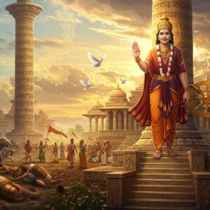 A majestic Emperor Ashoka in royal attire standing atop the steps of a grand palace, his golden crown reflecting sunlight, wearing a deep maroon dhoti with gold embellishments. His right hand extends outward in a gesture of peace while his left hand holds the iconic Ashoka Chakra. Behind him, a massive stone pillar emerges, intricately carved with the 24-spoked Dharma wheel and various edicts in Brahmi script. The scene transitions from a battlefield on the left showing fallen weapons and war elephants, to the right side depicting peaceful scenes of people from different cultures trading, praying, and coexisting harmoniously. The background features the Mauryan architectural style with lotus-shaped capitals and polished stone surfaces. Floating ethereal mandalas in soft gold and blue create a spiritual atmosphere. The lighting is dramatic with warm golden rays filtering through clouds, symbolizing enlightenment. Multiple white doves fly across the scene. The art style combines traditional Mauryan period motifs with modern digital art techniques, using a color palette of royal maroon, gold, ivory, and peaceful blue tones. Intricate Madhubani-style patterns adorn the borders and clothing.