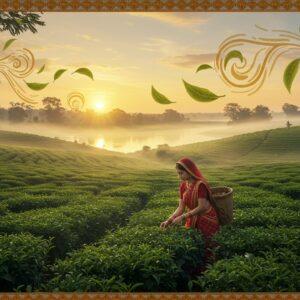 A lush, panoramic view of an ancient Assam tea garden at dawn, with golden sunlight filtering through morning mist. In the foreground, a detailed, traditionally-dressed Assamese woman in mekhela chador (in deep maroon and gold) gracefully plucks tea leaves from emerald bushes. Her hands are adorned with intricate henna patterns. The middle ground shows rows upon rows of verdant tea bushes stretching towards the horizon, creating mesmerizing geometric patterns. In the background, the mighty Brahmaputra River flows serenely, its waters reflecting the warm sunrise. Floating above the scene are wispy, artistic representations of tea leaves transforming into steam swirls, rendered in gold and copper tones. The scene is framed by ornate Madhubani-style border patterns incorporating tea leaves and traditional Assamese motifs. The lighting is ethereal, with god rays piercing through moisture-laden air, creating a mystical atmosphere. The color palette focuses on deep greens, rich browns, gold, and morning sky pastels. Hyperrealistic digital art style with Indian traditional art influences.