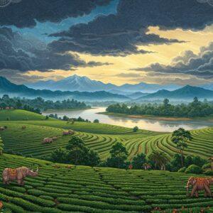 A panoramic view of Assam's landscape featuring the mighty Brahmaputra River flowing through the center, rendered in rich traditional Madhubani-style patterns with deep blues and emerald greens. The foreground showcases vibrant tea gardens with detailed tea leaves in geometric patterns, while the background features the majestic Eastern Himalayas with snow-capped peaks. Monsoon clouds hover dramatically above, portrayed in swirling traditional Indian motifs in deep indigo and silver. One-horned rhinoceros and wild elephants graze near the riverbank, illustrated in intricate Pattachitra style. The scene includes lush rainforests with detailed foliage patterns, rice paddies in terraced formations, and traditional Assamese stilt houses. The lighting captures both morning mist over the tea gardens and warm sunlight breaking through clouds, creating a ethereal atmosphere. The color palette combines deep forest greens, river blues, earthy browns, and golden sunlight, with subtle mandala patterns integrated into the landscape elements. The artistic style merges photorealistic natural elements with stylized traditional Indian art patterns.