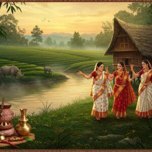 A serene riverside scene in Assam with three generations of Assamese women in traditional mekhela chador (white and gold, red and gold patterns) performing the graceful Bihu dance, their jewelry gleaming in golden sunset light. Behind them stands a traditional bamboo and thatch Assamese house with intricate wood carvings. The landscape features vibrant emerald tea gardens cascading into the distance, while majestic Rhinos graze near the mighty Brahmaputra river. In the foreground, authentic Assamese artifacts are displayed: gamosa with red and white traditional motifs, bell metal utensils, and a jaapi (traditional conical hat) adorned with intricate patterns. The scene is rendered in a fusion of Madhubani and modern digital art style, with rich colors of deep maroon, forest green, and gold. Ethereal mist rises from the river, creating a dreamlike atmosphere, while golden light filters through tall bamboo groves. The women's faces reflect warmth and joy, their movements captured mid-dance with flowing fabric creating elegant shapes.