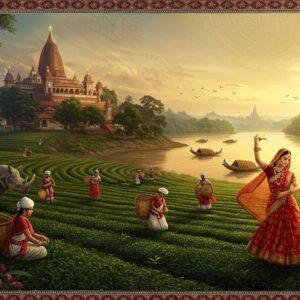 A majestic panoramic scene of ancient Assam, featuring the iconic Kamakhya Temple on a hilltop, rendered in intricate Madhubani-style patterns with deep maroons and golds. In the foreground, a graceful Indian woman in traditional Mekhela Chador with golden-red hues performs the elegant Bihu dance, her movements captured in flowing lines. The middle ground showcases a detailed tea garden with workers in traditional attire plucking leaves, their baskets adorned with traditional Assamese motifs. The Brahmaputra River flows through the scene like a silver serpent, with traditional wooden boats carrying silk and spices. The sky features ethereal patterns of Assamese gamosa designs in soft pastels. The scene is illuminated by a warm, golden light, creating a dreamlike atmosphere. Decorative elements include rhinos, endangered white-winged wood ducks, and orchids native to Assam. The entire composition is framed with intricate Assamese jaapi patterns, blending traditional art with modern digital aesthetics. Hyperrealistic style with magical realism elements, emphasizing rich textures and cultural details.