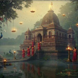 A mystical panoramic view of Assam's Kamakhya Temple perched atop Nilachal Hill, with its distinctive beehive-shaped dome glowing in golden morning light. In the foreground, an ethereal pond reflects ancient stone steps leading to the temple, decorated with intricate Assamese architectural motifs and traditional bell-metal crafts. A group of devotees in traditional Assamese mekhela sadors (in rich maroon and gold) gracefully ascend the steps, carrying brass offering plates with red hibiscus flowers and oil lamps. The scene is framed by towering silk cotton trees adorned with colorful prayer flags, while the mighty Brahmaputra River flows serenely in the background, its waters shimmering with a supernatural blue glow. Floating orbs of warm light illuminate the scene, reminiscent of traditional Assamese oil lamps. The composition incorporates elements of Assamese tribal art patterns and Madhubani-style borders, with sacred symbols like the trishul and lotus motifs subtly woven into the architecture. A soft morning mist adds an air of mystery, while peacocks with elaborate feathers perch on the temple's ornate pillars. The art style merges photorealistic architecture with ethereal lighting and traditional Indian art elements, creating a surreal yet culturally authentic atmosphere.
