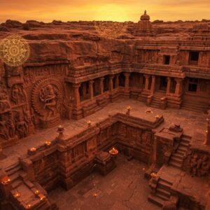 A majestic aerial view of an intricately carved Badami cave temple complex bathed in golden sunset light, featuring rich red sandstone cliffs. The temple architecture showcases detailed Hindu and Jain sculptural elements with precise mathematical symmetry. In the foreground, a beautifully detailed stone-carved dancing Shiva in Nataraja form emerges from the rock face, surrounded by ornate pillars with characteristic Chalukyan motifs including lotus medallions and geometric patterns. The scene includes floating mystical mandalas that blend seamlessly with the architectural elements, creating a surreal atmosphere. Small waterfalls cascade down the rocky facade, reflecting the evening light. The color palette focuses on deep reds, burnt orange, and gold, with touches of peacock blue in the sky. The style combines hyperrealistic architectural details with ethereal lighting and traditional Indian artistic elements. Multiple levels of cave temples are visible, connected by ancient stone steps, with small oil lamps casting a warm glow. The scene is captured in ultra-high definition, emphasizing both the grandeur of the architecture and the finest details of the stone carvings.