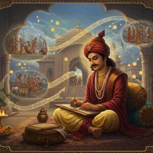 A majestic scene depicting Banabhatta seated in a grand ancient Indian royal court, wearing elegant silk dhoti and angavastram in deep maroon and gold. He's writing on palm leaves with a golden pen, surrounded by intricate Madhubani-style border patterns. The background shows King Harsha's court rendered in rich peacock blues and royal golds, with traditional Indian architecture featuring ornate pillars and archways. Floating ethereal visions above him showcase scenes from Kadambari and Harshacharita - including detailed glimpses of palace life, celestial apsaras, and royal processions. Soft glowing orbs of light illuminate the scene, creating a mystical atmosphere. The color palette combines deep jewel tones with ethereal pastels. Multiple translucent layers show Sanskrit verses flowing like ribbons through the air. Intricate mandalas frame the corners, incorporating literary motifs and symbols of classical Sanskrit literature. The lighting is dramatic with golden rays filtering through ornate jharokhas, casting intricate shadows. The art style merges traditional Pattachitra techniques with modern digital fantasy aesthetics, creating a surreal yet culturally authentic atmosphere. Photorealistic details in the face and hands, 8k quality, cinematic composition.