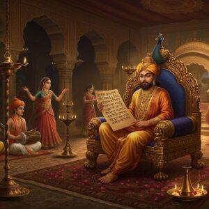 A majestic Sanskrit scholar in rich golden-threaded dhoti and angavastram seated on an ornate peacock-themed throne in King Harsha's opulent darbar hall, illuminated by bronze oil lamps. The scholar (Banabhatta) holds an ancient palm leaf manuscript with intricate Sanskrit text, while courtly dancers in flowing silk costumes perform in the background. The scene features detailed Gupta-era architecture with carved pillars and frescos depicting scenes from Kadambari. Surrounding him are royal courtiers in 7th-century Indian formal attire, musicians with veenas and mridangams, and learned pundits engaged in scholarly discourse. The lighting is warm and dramatic, with soft golden rays filtering through ornate jharokhas. The art style merges traditional Madhubani patterns in the borders and architectural details with modern digital painting techniques, using a rich color palette of deep maroon, royal blue, burnished gold, and ivory. Intricate mandalas and lotus motifs adorn the ceiling, while peacock feathers and fragrant flower garlands add to the royal ambiance. The overall composition should evoke the grandeur of ancient Indian royal courts with a dreamy, timeless quality.