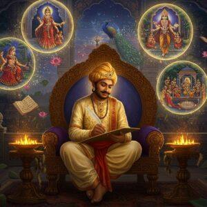 A majestic scene depicting Banabhatta in royal Sanskrit scholar attire (cream and gold dhoti, upper garment with intricate designs) seated on an ornate wooden throne in King Harsha's durbar. He's illuminated by warm golden light, writing on palm leaves with a quill. Behind him, scenes from Kadambari and Harshacharita come alive in a dreamlike sequence - featuring Princess Kadambari in elaborate royal attire, celestial beings, and court scenes with King Harsha, all floating in ethereal spheres. The background transitions from a detailed palace architecture with carved pillars to mystical forest scenes. Intricate Madhubani-style patterns frame the composition, with peacock motifs and Sanskrit-inspired geometric designs. Floating lotus flowers, glowing manuscripts, and swirling gold dust create a magical atmosphere. The color palette includes deep royal blues, rich golds, burgundy, and touches of emerald green. The art style combines hyperrealistic character rendering with traditional Indian artistic elements, creating a surreal yet sophisticated aesthetic. Soft orbs of light illuminate the scene, suggesting the timelessness of his literary contribution.