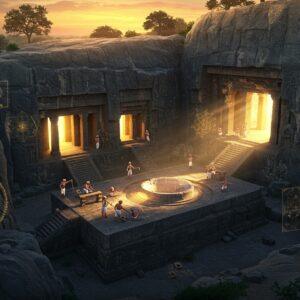 A majestic aerial view of the Barabar Caves carved into a massive granite hill, illuminated by golden sunset rays streaming through ancient carved doorways. The cave entrances feature intricate geometric patterns and polished surfaces reflecting light like mirrors. In the foreground, a detailed cross-section reveals the precise architectural engineering, showing perfectly smooth walls and acoustically designed chambers with a soft ethereal glow. Ancient Indian craftsmen in traditional attire are depicted working with measuring tools and chisels, their forms rendered in Madhubani art style. Floating sacred geometry patterns and architectural blueprints shimmer in the air, rendered in glowing gold lines. The scene is enhanced with mystical elements like floating lotus flowers and mandalas. The color palette combines deep granite grays with warm golds, royal blues, and subtle saffron highlights. The lighting creates dramatic shadows emphasizing the caves' mysterious atmosphere. Photorealistic texturing on the rock surfaces with a modern digital art finish, 8k resolution, cinematic lighting, architectural visualization quality.