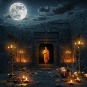 A mystical nighttime scene of the ancient Barabar Caves entrance, carved into dark granite rock, illuminated by traditional brass oil lamps casting golden light. A ethereal, translucent figure of a Mauryan-era monk in saffron robes emerges from the cave entrance, holding an ornate oil lamp. The cave walls feature intricately detailed Mauryan-period geometric patterns and Sanskrit inscriptions, with a subtle geometric polish that gleams in the lamplight. In the foreground, scattered archaeological artifacts - copper coins bearing Ashoka's emblems, broken pottery with Brahmi scripts, and ceremonial copper vessels. The sky above shows a massive full moon with wispy clouds, creating dramatic shadows. Floating lotus flowers and mandalas in deep blues and golds frame the scene. Art style combines hyperrealistic architecture details with ethereal, spiritual elements. The lighting should be dramatic with deep shadows and warm golden highlights. The scene should have a mysterious, archaeological atmosphere with subtle smoke or mist adding depth.