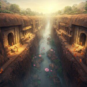 A stunning aerial view of ancient rock-cut caves nestled in rocky hills, with intricate architectural details rendered in Madhubani art style. The Barabar caves on the left side feature polished granite surfaces reflecting golden sunlight, with their distinctive arch-shaped entrances adorned with traditional Indian patterns. The Nagarjuni caves on the right show similar but slightly different architectural elements. A mystical atmosphere created by soft morning mist swirling between the hills, with floating lotus flowers and mandalas in peacock blue and saffron colors. Small groups of ancient Buddhist monks in orange robes are seen entering both cave complexes. The scene is illuminated by ethereal light beams penetrating through the cave entrances, creating a dramatic interplay of light and shadow. The surrounding landscape features detailed rock formations in deep maroon and gold hues, with delicate mandala patterns etched into the hillsides. The overall composition maintains a serene, spiritual aesthetic while showcasing the architectural magnificence of these ancient caves, rendered in a style that blends traditional Indian art with modern digital techniques.