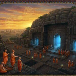 A magnificent aerial view of the ancient Barabar Caves carved into dark granite hills, with intricate Mauryan-era polish gleaming under golden sunset light. In the foreground, a detailed scene shows Emperor Ashoka in royal regalia offering patronage to both Buddhist monks in saffron robes and Ajivika ascetics in white. The cave entrances feature perfectly polished surfaces with geometric Mauryan patterns and lotuses. Ethereal blue-white light emanates from within the caves, suggesting their spiritual significance. The surrounding landscape includes period-accurate architecture, with distant stupas and royal court buildings. Floating mandalas and sacred geometry patterns in gold overlay the scene. The art style combines hyperrealistic architectural details with traditional Indian Madhubani patterns in the sky and borders. Rich jewel tones of deep blue, gold, and burgundy dominate the color palette. Soft glowing orbs of light float around the cave entrances, creating a mystical atmosphere. The scene is viewed through an ornate arch frame decorated with traditional Indian motifs and peacock feathers.