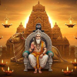 An ethereal scene depicting Lord Basaveshwara, portrayed as a noble figure in traditional white dhoti and angavastram, seated in padmasana on an ornate silver throne. His distinctive features include a flowing white beard, sacred thread, and rudraksha malas. Behind him, a massive Nandi bull in polished bronze stands majestically. The background features a grand Shiva temple with intricate Chalukyan architecture, with the rising sun creating a golden halo effect. Floating spiritual symbols include the Ishtalinga emitting a soft blue glow, and virbhuti lines creating geometric patterns in the air. The scene is framed by stylized Kannada-style architectural elements with peacock motifs and lotus designs. Multiple diyas with flame-like energy wisps float around, casting a warm golden light. The color palette combines deep yellows, saffron, and metallic gold with touches of spiritual blue. The art style merges traditional Indian Chalukyan art with modern digital aesthetics, creating a serene yet powerful composition. The overall scene should have a mystical, divine quality with subtle particle effects and light rays.