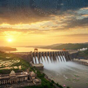 A majestic aerial view of the massive Basava Sagar Dam against a golden sunset, with intricate Madhubani-style patterns in deep blues and golds etched across the sky. The dam's concrete structure spans gracefully across the Krishna River, rendered in photorealistic detail with water cascading down its spillways creating a misty ethereal effect. In the foreground, traditional Karnataka-style architectural elements merge with modern engineering designs. The water body reflects the warm sunlight, creating a mirror-like surface with sacred lotus flowers floating. The surrounding landscape features lush green hills with traditional Indian agricultural terraces in geometric patterns. The scene is enhanced with soft glowing orbs of light and delicate mandala patterns in the clouds, giving it a spiritual and surreal quality. The color palette combines deep peacock blues of the water, warm golden sunlight, and earthy browns of the dam structure, all rendered in a style that blends photorealism with traditional Indian art elements. The perspective should be dramatic and cinematic, showcasing the dam's grandeur and scale.