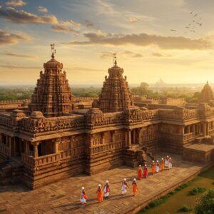 A majestic aerial view of Basavakalyan Fort during golden hour, with its ancient stone walls illuminated by warm sunlight, featuring intricate Chalukyan architecture patterns in rich saffron and deep maroon. In the foreground, a beautifully detailed Madhubani-style illustration shows pilgrims in traditional Karnataka attire walking towards the Basaveshwara Temple. The scene incorporates floating mandalas and spiritual motifs in peacock blue and gold, surrounding the historical monuments. The sky features ethereal clouds with subtle Vachana scripture patterns. The landscape includes stylized representations of the surrounding hills with delicate Pattachitra-style details, while modern elements are represented through subtle light effects and digital color gradients. The composition balances both the historical significance and contemporary appeal, with soft glowing highlights emphasizing the spiritual importance of the location. The art style merges photorealistic architecture with decorative Indian art elements, creating a surreal yet culturally authentic atmosphere.
