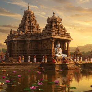 A majestic stone temple complex with distinctive Chalukyan architecture, centered on a large statue of Basaveshwara seated in meditation pose wearing traditional white clothing and rudraksha mala. The temple features intricate carvings of Nandi, Ishtalinga, and Vachanas on its walls. In the foreground, a serene water body reflects the golden sunset sky, with floating lotus flowers and diyas. The scene incorporates modern lighting elements with soft, ethereal glows around the temple spires. Multiple devotees in traditional Karnataka attire perform rituals and circumambulate the temple. The background shows rolling hills with other smaller shrines, connected by ancient stone pathways. The art style combines traditional Chalukyan temple architecture with modern digital art techniques, featuring a color palette of deep ochre, saffron, stone gray, and warm gold. Mystical light rays pierce through ornate temple windows, creating a divine atmosphere. The scene includes detailed stone sculptures, brass bells, and symbolic elements like the Basava bull and Ishtalinga motifs integrated into the architecture.