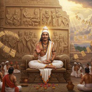 A majestic scene depicting Basaveshwara, seated in deep meditation on an ornate stone platform, wearing traditional white dhoti and angavastram, with his signature Ishtalinga pendant prominently displayed. His face radiates wisdom and compassion, surrounded by a soft golden aura. Behind him, a large sculptural wall features intricate Hoysala-style carvings showing scenes of social equality - people from different castes sharing meals and knowledge. The background transitions from ancient stone temples to modern buildings, symbolizing the timeline of change. Floating Vachana manuscripts with Kannada scripts spiral around him like a divine wind. The scene includes common people - farmers, artisans, and scholars of all castes gathered around him in reverence, dressed in 12th-century Kannada attire. The color palette combines deep earth tones with gleaming gold and silver accents. Divine rays of light pierce through clouds, illuminating the scene. The art style merges traditional Chalukyan art with modern digital aesthetics, featuring intricate patterns and cultural motifs. The overall composition should be surreal yet grounded in historical accuracy, with a focus on the revolutionary spirit of social equality.