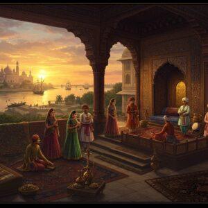A grand, panoramic view of historical Murshidabad, with the iconic Hazarduari Palace illuminated in golden light during sunset. In the foreground, a richly detailed scene shows Bengali nobles and Mughal courtiers in elaborate period-accurate attire (flowing sherwanis, jeweled turbans, and muslin drapery) engaged in a durbar setting. The scene features intricate Mughal-Bengali fusion architecture with detailed Islamic geometric patterns and Bengali terracotta temple motifs. To the left, artisans work on Muslin textiles and intricate jewelry, while to the right, European merchants examine spices and silk. The Hooghly River flows in the background with merchant ships bearing Dutch, Portuguese, and British flags. The artwork combines Mughal miniature painting style with modern digital art techniques, using rich colors like deep burgundy, royal blue, and burnished gold. Ethereal light streams through ornate Islamic archways, creating a mystical atmosphere. The scene includes period-accurate details like hookah pipes, Persian carpets, and Bengali musical instruments. The overall composition suggests opulence, cultural fusion, and commercial prosperity of the era, rendered in a style merging traditional Mughal art with contemporary digital aesthetics.