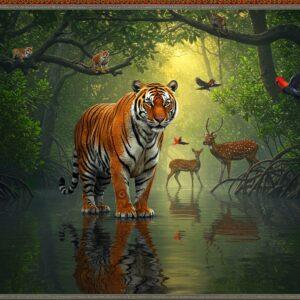 A majestic Royal Bengal tiger standing regally in the foreground of a lush Sundarbans mangrove forest, its orange and black stripes detailed with intricate Madhubani patterns. The tiger's reflection shimmers in the calm water beneath. Behind, a rich ecosystem unfolds: endangered fishing cats perched on mangrove branches, spotted deer grazing nearby, and red junglefowl in flight. The scene is illuminated by golden evening light filtering through the dense canopy, creating dramatic shadows. Gangetic dolphins leap gracefully in the distant waterways. The art style combines hyperrealistic wildlife portrayal with traditional Bengali Pattachitra elements in the foliage patterns. The color palette features deep forest greens, warm golds, rich oranges, and deep blues of the water. Ethereal mist floats between the mangrove roots, giving the scene a mystical quality. The entire composition is framed by intricate Bengali folk art borders with motifs of local flora and fauna. 4K, cinematic lighting, photorealistic textures, award-winning wildlife photography style.