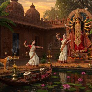 A majestic traditional Bengali household courtyard during sunset, featuring a grand red-bordered white saree-clad Bengali woman performing classical Kathak dance with graceful mudras. The courtyard showcases intricate terracotta work typical of Bishnupur temples, with detailed carvings of mythological scenes. In the background, a large Durga idol in traditional Kumartuli style with golden ornaments and red silk saree stands prominently. The scene includes iconic Bengali elements: a brass dhunuchi with spiraling incense smoke, hand-painted patachitra scrolls hanging on mud walls, detailed Kantha embroidered tapestries, and traditional clay dolls of Krishnanagar. The lighting combines warm golden sunset hues with the soft glow of brass lamps. Surrounding the courtyard are royal Bengal tigers rendered in traditional Kalighat painting style, banana trees with large leaves, and blooming crimson krishnachura flowers. The atmosphere is enhanced by floating lotus flowers in a small pond, with a wooden boat carrying traditional Bengali musical instruments - tabla, harmonium, and ektara. Art style merges hyperrealistic digital art with traditional Bengali pat painting techniques, emphasizing rich colors like deep red, royal blue, and burnished gold.