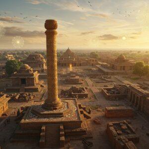 A majestic aerial view of ancient Besnagar ruins at golden hour, featuring the iconic Heliodorus pillar standing tall in the foreground, its Sanskrit inscriptions gleaming in warm sunlight. The pillar is surrounded by intricate Madhubani-style patterns flowing through the composition. Archaeological excavation sites blend seamlessly with preserved structures, showing layers of civilization through time. Rich earth tones of terracotta, sandstone, and burnt sienna dominate the scene. Ancient trading routes visible as winding paths, decorated with traditional Indian motifs. Floating ethereal mandalas and sacred geometry patterns hover in the sky, casting golden light on the ruins below. Archaeological tools and artifacts rendered in glowing metallic gold scattered throughout. Mysterious glowing auras emanate from partially unearthed structures. The scene is rendered in a fusion of hyperrealistic photography and traditional Indian art styles, with soft atmospheric lighting and subtle lens flares. Weathered stone textures contrast with ethereal spiritual elements. Perspective should be slightly elevated to showcase the city's layout while maintaining detailed ground-level elements. 8k resolution, cinematic lighting, architectural photography style.