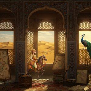 A majestic Rajasthani palace library interior with ornate Rajput architecture, featuring intricate jharokhas and mirror work in gold and peacock blue. Ancient manuscripts and leather-bound books are artistically arranged on carved wooden shelves. In the foreground, a life-sized traditional Rajasthani miniature painting comes alive, showing a proud Rajput warrior on horseback against the backdrop of golden sand dunes. The scene is illuminated by warm light filtering through geometric lattice windows, creating dramatic shadows. Scattered elements include traditional artifacts like a ceremonial sword, royal seal, and vintage maps of Rajputana. A peacock perches gracefully on an intricately carved window frame, its feathers reflecting the rich heritage colors. The overall composition combines Madhubani-style border patterns with photorealistic central elements, enhanced by soft ethereal lighting and a subtle golden haze. The color palette features royal maroon, antique gold, desert amber, and deep turquoise.