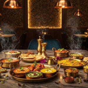 A stunning modern Indian restaurant interior with warm golden lighting, featuring a central marble table adorned with traditional brass serving dishes filled with colorful Indian dishes - butter chicken in deep orange, emerald palak paneer, golden yellow dal, and vibrant biryani. Steam rising artistically from the dishes, creating ethereal swirls in the ambient lighting. In the background, intricately carved wooden panels with Madhubani-style patterns in deep mahogany, illuminated by contemporary copper pendant lights. Traditional brass thalis arranged with geometric precision, holding small portions of various dishes with garnishes of fresh herbs and edible flowers. The scene includes delicate details like scattered whole spices, bronze utensils, and lotus-patterned table runners in deep peacock blue and maroon. The lighting creates a luxurious atmosphere with soft spotlights highlighting the food's textures and colors. The composition follows the divine golden ratio, with the food as the focal point, styled in a modern, Instagram-worthy presentation while maintaining authentic Indian elements. Cinematic depth of field, photorealistic rendering, ultra-detailed textures.
