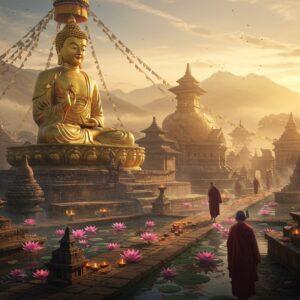 A majestic golden Buddha statue in meditative pose emerges from an intricately carved ancient stone stupa, surrounded by blooming pink lotus flowers floating in crystal-clear reflecting pools. The scene is set during the magical golden hour, with rays of sunlight filtering through misty mountains in the background. Traditional Buddhist prayer flags in vibrant colors (saffron, deep red, royal blue) flutter gently in the breeze. The foreground features detailed Madhubani-style patterns depicting the Buddha's life journey, merged with modern digital art techniques. Ancient stone pathways lined with butter lamps lead to multiple stupas of varying sizes, creating depth. Monk silhouettes in traditional maroon robes walk mindfully along the paths. The atmosphere is ethereal with soft glowing orbs of light and floating flower petals. The art style combines hyperrealistic architectural details with dreamy, surreal lighting effects. The color palette includes deep golds, burnt oranges, peaceful blues, and earthy browns, all unified by a warm, spiritual ambiance. Mist swirls around the base of the structures, adding mystery and depth.