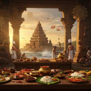 A grand, ethereal scene depicting a luxurious Pallava royal kitchen with Indian artisans preparing elaborate dishes on traditional bronze vessels. In the foreground, an intricately carved stone table displays authentic Pallava-era dishes including rice preparations, seafood, and traditional Tamil delicacies arranged on banana leaves. The background showcases the iconic Shore Temple of Mahabalipuram bathed in golden sunset light, with waves gently crashing against its base. Detailed Pallava-style architectural elements frame the scene, featuring their signature lion motifs and decorative pillars. Multiple levels of depth show spice traders arriving with saffron, pepper, and cardamom. The lighting is warm and dramatic, with shafts of sunlight filtering through ornate stone windows. The color palette includes deep maroons, burnished golds, rich browns, and ocean blues. The art style combines hyperrealistic digital rendering with traditional Pallava period artistic elements, creating a seamless blend of historical accuracy and modern aesthetic appeal. Floating mandala patterns and lotus motifs in subtle gold add a mystical quality to the atmosphere.