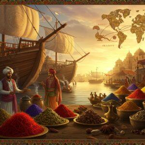 A richly detailed ancient Indian port at sunset, with massive wooden merchant ships adorned with intricate Madhubani-style patterns on their sails. In the foreground, elegantly dressed Indian merchants in jewel-toned silk dhotis and turbans inspect precious spices displayed on golden platters - saffron threads, cardamom pods, and cinnamon sticks. Behind them, a bustling marketplace features ornate spice stalls with pyramids of vibrantly colored powders in deep reds, yellows, and browns. Ethereal smoke wisps from burning frankincense and myrrh create a dreamy atmosphere. The scene transitions into a stylized world map in traditional Pattachitra art style, with trade routes illustrated as flowing golden lines connecting India to Arabia, Europe, and Southeast Asia. Decorative elements include mandala-patterned borders, lotus motifs, and peacock feather details. The lighting is warm and mystical, with rays of golden sunlight filtering through the spice-laden air. Digital art style merging photorealistic textures with traditional Indian art elements, emphasizing rich jewel tones and intricate patterns.