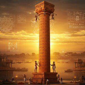 A majestic polished sandstone pillar rising dramatically against a mystical golden sunset, its surface adorned with intricate Brahmi and Sanskrit inscriptions that seem to glow with an ethereal light. The pillar stands 35 feet tall, rendered in photorealistic detail showing its reddish-brown hue and smooth texture. Ancient craftsmen in traditional Indian attire are depicted working on the pillar using period-accurate tools, their movements frozen in time. Surrounding the pillar are floating, translucent geometric mandalas containing architectural blueprints and construction techniques. The scene is embellished with subtle Gupta-era motifs and patterns flowing like ethereal smoke around the pillar. The lighting is dramatic with warm golden rays highlighting the pillar's majestic features while casting long, artistic shadows. The background showcases a stylized ancient Prayagraj landscape with the sacred confluence of rivers rendered in deep peacock blues and royal purples. Sacred lotus flowers and traditional Indian architectural elements frame the composition. The art style merges hyperrealistic photography with mystical Indian traditional art elements, creating a serene yet powerful atmosphere. Cinematic color grading with rich warm tones and deep contrasts. Shot from a slightly low angle to emphasize the pillar's grandeur.
