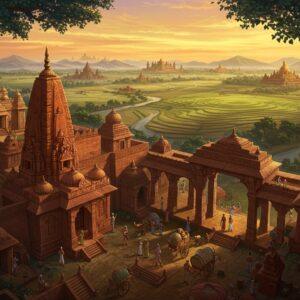 A majestic aerial view of ancient Magadha kingdom at sunset, with detailed Mauryan-style architecture in rich terracotta and sandstone colors. The foreground shows intricate carved pillars and gateways featuring lotus motifs and peacock designs. The middle ground depicts bustling trade routes with merchants in period-accurate clothing, silk caravans, and wooden ox-carts. The background reveals terraced rice fields, flowing rivers, and distant Buddhist monasteries nestled in misty hills. The scene is illuminated by warm golden light casting long shadows, with soft touches of deep blue in the sky. Sacred Bodhi trees with golden leaves frame the composition. Artistic style combines traditional Madhubani patterns in the architectural details with modern digital painting techniques, featuring rich jewel tones of royal blue, deep maroon, and burnished gold. Small details include carved stone edicts, meditation caves, and ancient astronomical instruments. The atmosphere is mystical and timeless, with subtle glowing effects around the monuments suggesting their spiritual significance.