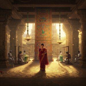 A ethereal scene of a grand ancient temple corridor in Kanchipuram, with sunlight streaming through ornate pillars, creating dramatic shadows on the intricate mandala-patterned floor. In the foreground, a beautiful Indian woman in a deep maroon and gold Kanchipuram silk saree gracefully walks, her saree's zari work catching golden light. Behind her, the scene transitions into a dreamlike tapestry where the temple architecture morphs into floating silk threads in mid-weave, forming patterns of peacocks, elephants, and temple motifs. Multiple master weavers sit at traditional looms in the middle ground, their silhouettes backlit, working on vibrant silk sarees in jewel tones of emerald, sapphire, and royal purple. The scene is enhanced with floating golden lotus petals, subtle Madhubani-style border patterns, and a soft mystical glow. The lighting is warm and dramatic, with rays of sunlight creating a divine atmosphere. The architectural details should be hyper-realistic, showcasing the Dravidian style with precise geometric patterns and sculptures. The color palette focuses on rich golds, deep maroons, and temple stone colors, with subtle integration of peacock blues and earthy saffrons. Atmospheric perspective shows misty golden light in the background where temple spires fade into the sky.