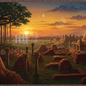 A majestic aerial view of ancient Vaishali's archaeological ruins at sunset, with intricate Madhubani-style borders. The foreground shows detailed terracotta Buddhist stupas and elegant Ashoka pillars with lion capitals gleaming in golden light. A towering banyan tree with illuminated roots stretches across one side, its branches adorned with traditional Indian patterns in deep maroon and peacock blue. The middle ground features ethereal, translucent silhouettes of ancient assemblies, suggesting the world's first republic, with women participating in democratic processes. The background reveals serene lotus ponds and carefully preserved structural remains, with soft glowing orbs of light floating above them. The sky transitions from rich saffron to deep indigo, with stylized clouds incorporating classical Pattachitra motifs. Subtle spiritual symbols like the dharma wheel and Buddhist mudras are integrated into the architectural details. The entire scene is rendered in a harmonious blend of photorealistic textures and traditional Indian art techniques, with a mystical atmosphere created by soft, ambient lighting and delicate particle effects.