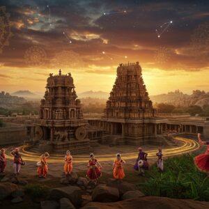 A majestic aerial view of Hampi at golden hour, featuring the iconic Vittala Temple with its stone chariot in intricate Madhubani-style detail, surrounded by floating mandalas and sacred geometric patterns in gold and deep saffron. The scene transitions from historical architecture to ethereal elements, with traditional Indian dancers in vibrant silk costumes performing in the foreground. The dancers' movements create trails of luminescent peacock blue and maroon light. Ancient musical instruments like veena and mridangam appear as translucent, glowing forms. The sky features a dramatic blend of sunset colors with digital art elements, showing constellations and celestial patterns inspired by Vijayanagara-era astronomical designs. Banana plantations and boulder-strewn landscapes merge with contemporary digital patterns. Market scenes with spice traders and silk merchants are depicted in traditional Pattachitra style but with modern neon highlights. The overall composition flows from left to right, depicting the transition from historical grandeur to contemporary artistic interpretation, with a soft ethereal glow throughout. Hyperrealistic details in the architecture, cinematic lighting, high contrast, 8K resolution.